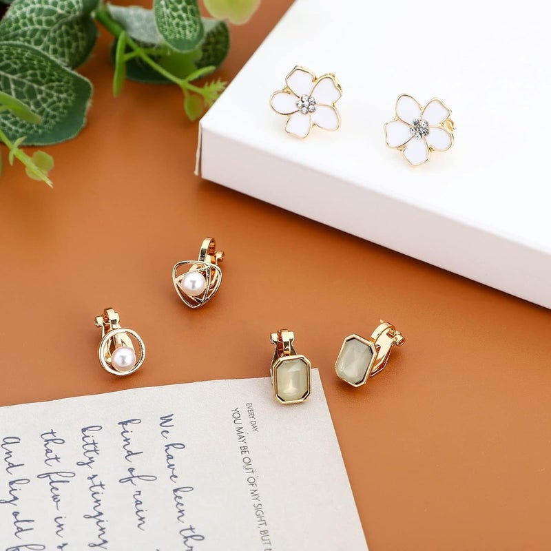 NEWITIN 12 Pairs Clip On Earrings for Women Cute Earring Crystal Pearl Stud Charming Fashion Earring Non Piercing Clip on Stud Earrings for Women - Image 2
